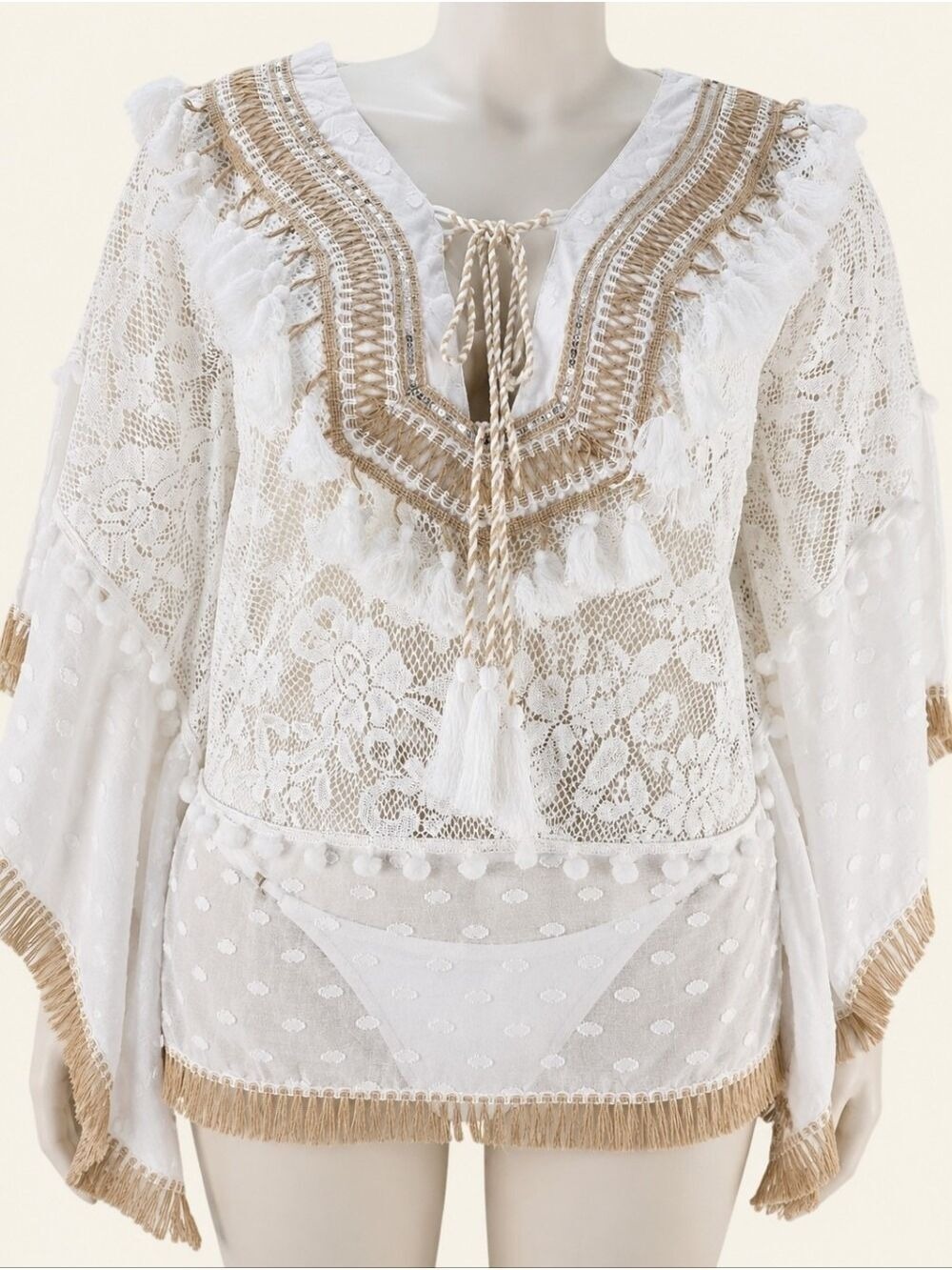 POL White Gold Boho Lace Tassel Beach Cover Up Tunic Small NIP